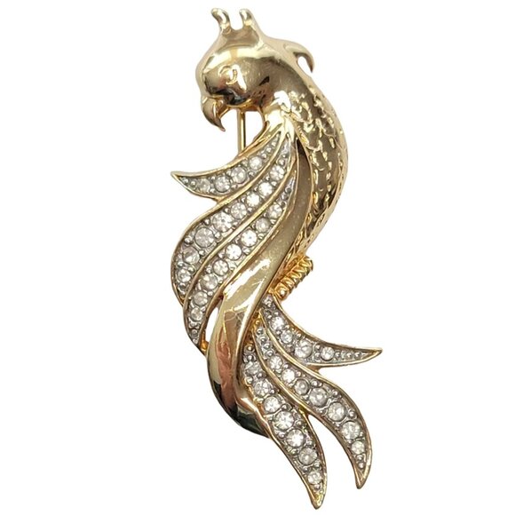 Van Dell Gold Tone Clear Rhinestone Parrot Bird Brooch, Signed